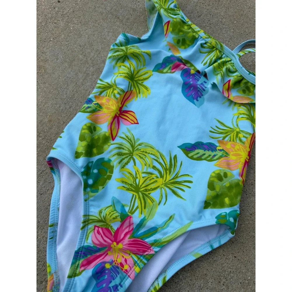 The‎ Childrens Place Girls 5T Tropical Floral One Shoulder Ruffle Swimsuit Blue
